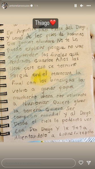 La carta de Thiago para su papá, Lionel Messi en la previa a la final del Mundial Qatar 2022 (FOTO: @antonelaroccuzzo)
