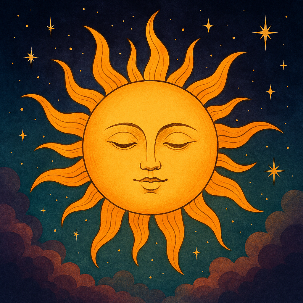 Ilustración digital de un sol dorado con rostro sereno sobre un fondo celeste estrellado, evocando el solsticio de invierno y el ingreso del Sol en Cáncer.