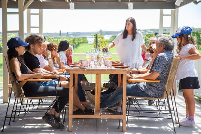Familia compartiendo almuerzo en una bodega bonaerense rodeada de viñedos.