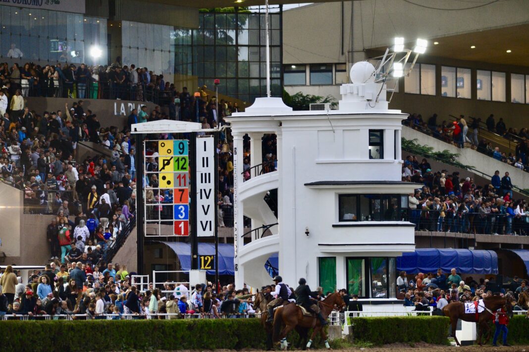 Vista del Hipódromo de La Plata con público, caballos y contador de resultados durante una jornada cultural