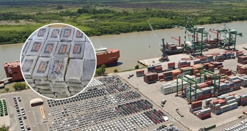 Vista del puerto de Zárate con sobreimpresión del cargamento de 221 kilos de cocaína detectado en Bélgica.