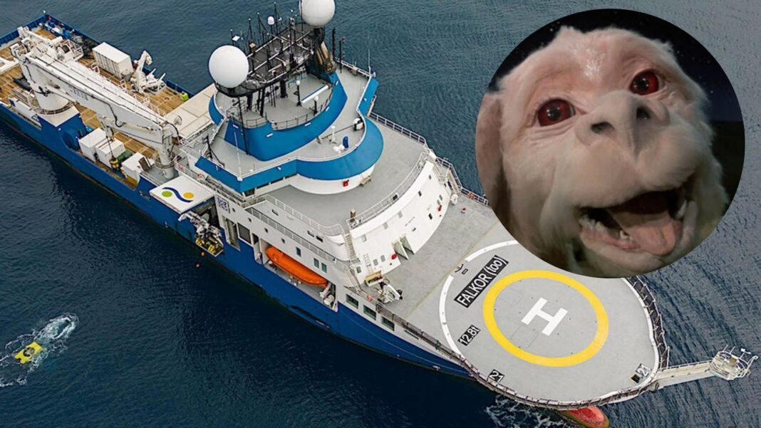 Imagen del buque Falkor (too) del CONICET navegando, con montaje del personaje Fújur de 