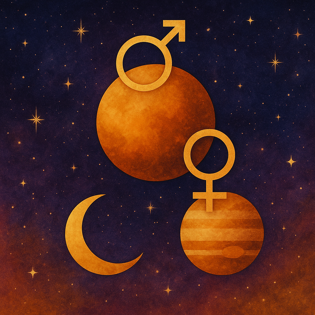Imagen con símbolos de Marte, Venus, Júpiter y la Luna en un cielo estrellado, representando eventos astrológicos de agosto.
