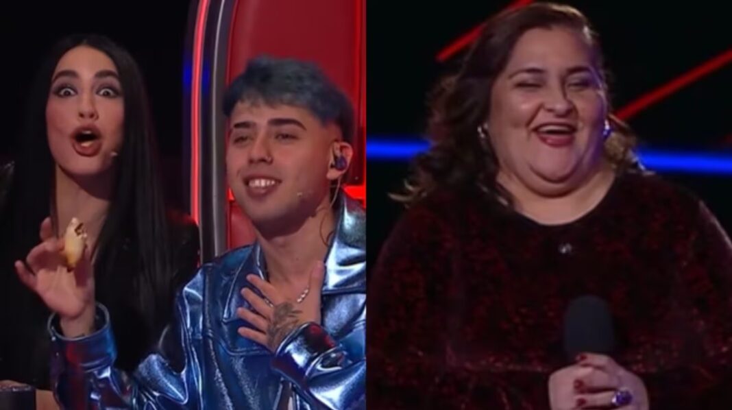Luck Ra junto a Lali Espósito en La Voz Argentina, reaccionando al comentario sobre empanadas tucumanas.